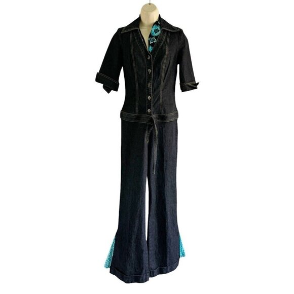 Bisou Bisou Pants - Vintage Bisou Bisou Y2k Woman's Sz S Dark Demin Jumpsuit w/ Added Flared Legs